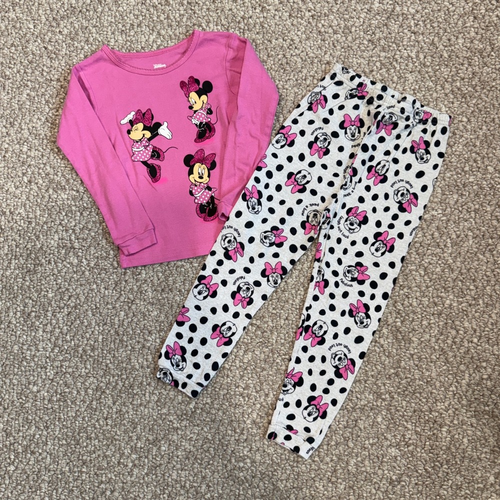 Disney Minnie Mouse Pink Glitter‎ Pajama Set Girls Size 5T Long Sleeve Polka Dot